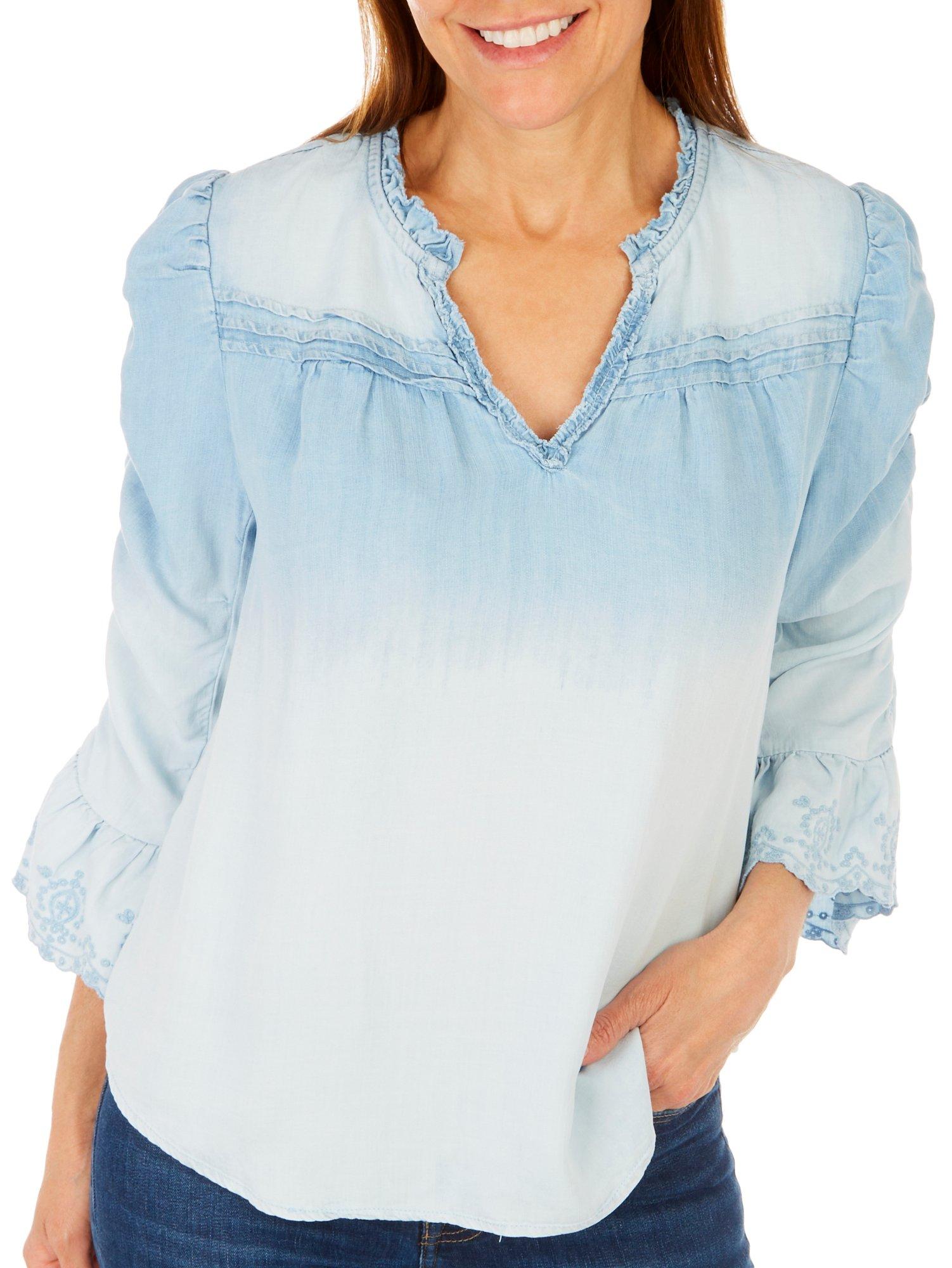 Womens Scallop Embroidered Sleeve Woven Top