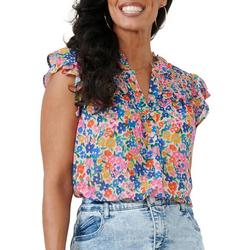 Womens Double Flutter Sleeve Ruffled Floral Print Woven Top