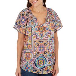 Womens Floral Bright Pattern Double Flounce Short Sleeve Top