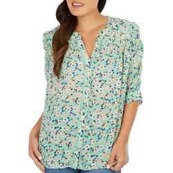 Womens Woven Floral Button Down 3/4 Sleeve Top