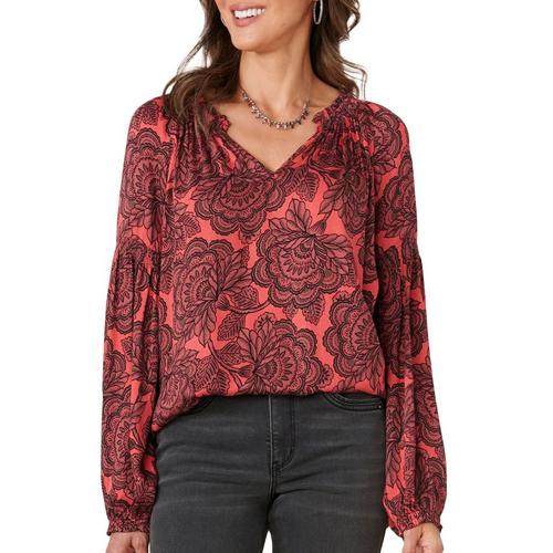 Democracy Womens Floral Smocked Long Sleeve Woven Top