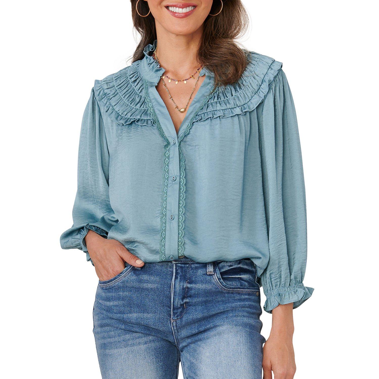 Womens 3/4 Blouson Sleeve Ruched V-Neck Top