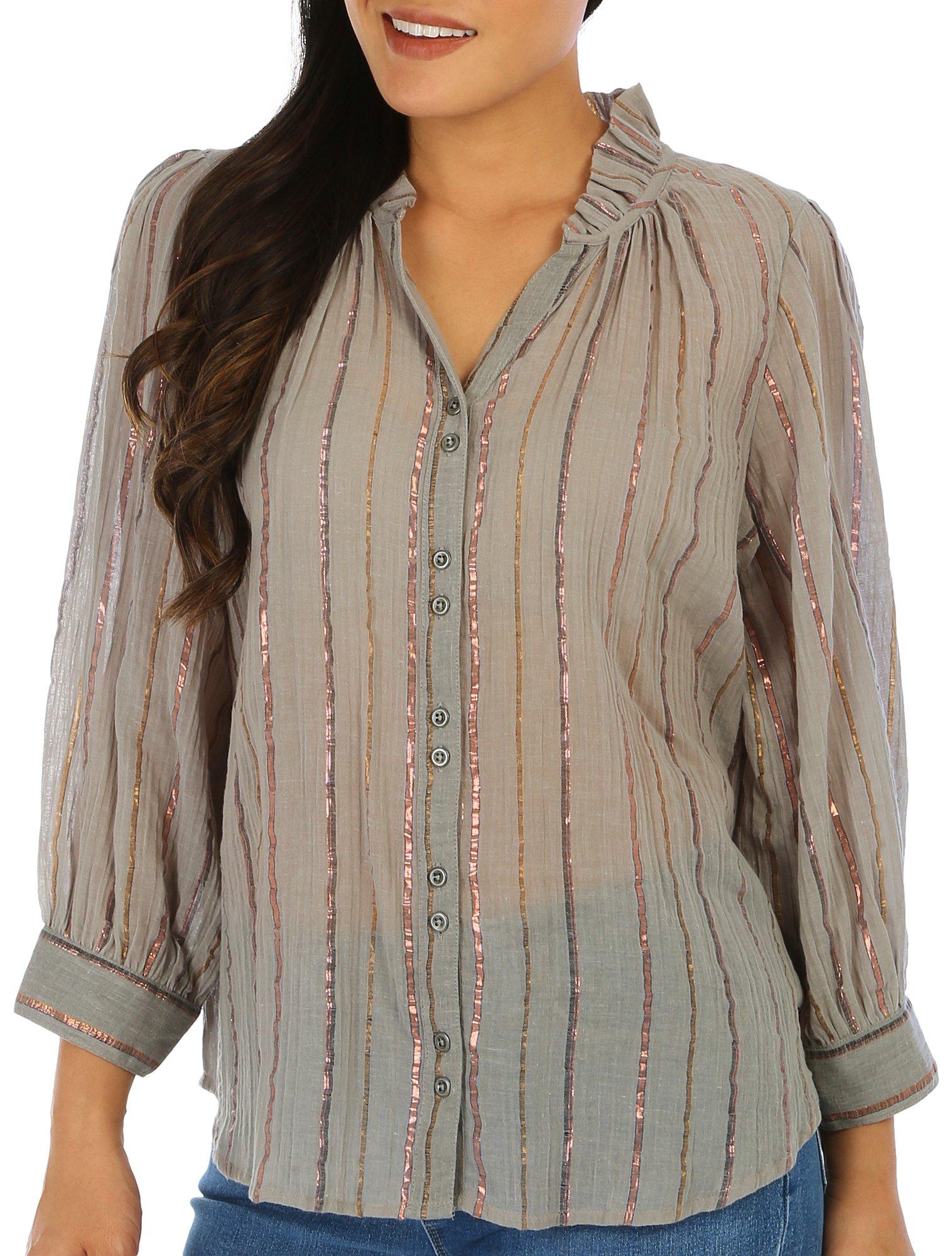 Democracy Womens Striped Button Long Sleeve Woven Top