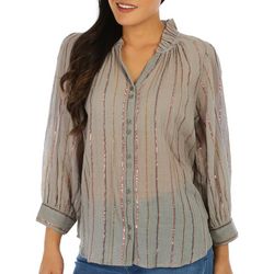 Democracy Womens Striped Button Long Sleeve Woven Top