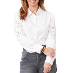 Womens Puff Sleeve Die Cut Embroidered Button Down Top