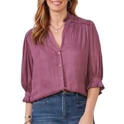 Democracy Womens Solid Button Down Lantern Sleeve Woven Top