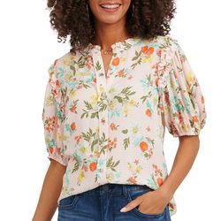 Democracy Womens Floral Edge Button Down Short Sleeve Top