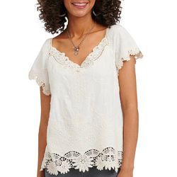 Democracy Womens Solid Scalloped Flutter Short Sleeve Top