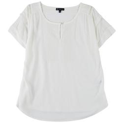 Womens Solid Embroidered Keyhole Short Sleeve Top