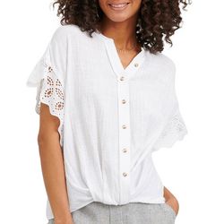 Democracy Womens Solid Button Down Short Sleeve Top