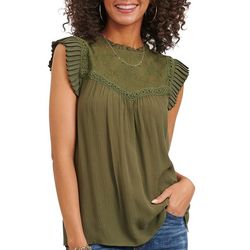 Democracy Womens Solid Pleated Mixed Media Short Sleeve Top