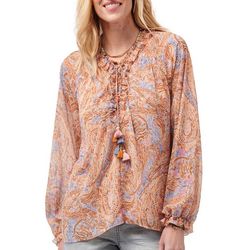 Womens Paisely Lace Up Long Sleeve Woven Blouson Top