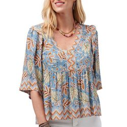Democracy Womens Floral V Neck Woven 3/4 Ruffle Sleeve Top