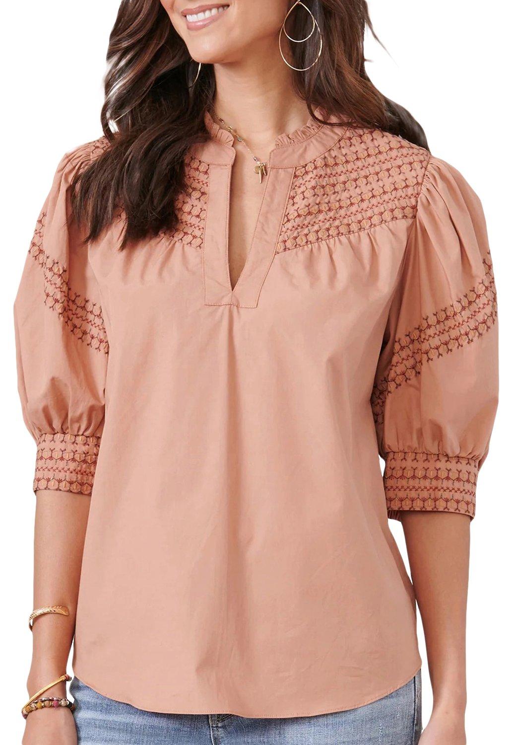 Womens Below Elbow Puff Sleeve Split Neck Embroidered Top