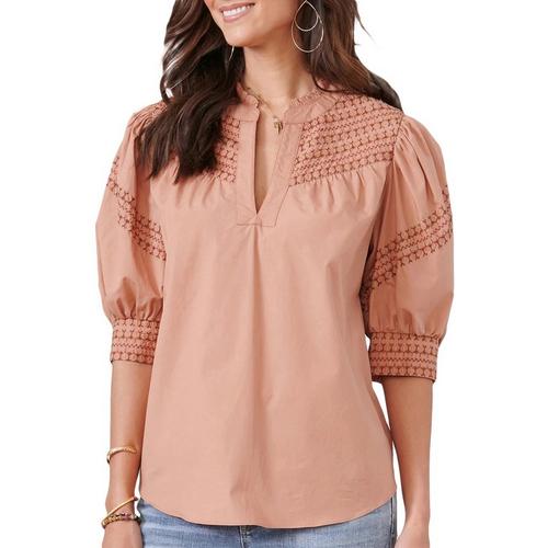 Womens Below Elbow Puff Sleeve Split Neck Embroidered