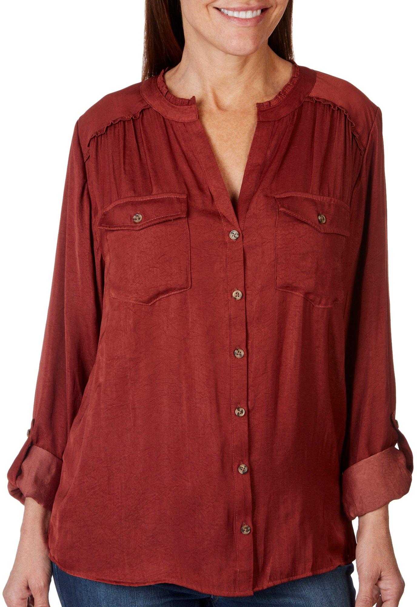 Democracy Womens Solid Long Sleeve Button Down Top