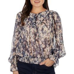 Womens Floral Button Smocked Sheer Flounce Sleeve Woven Top