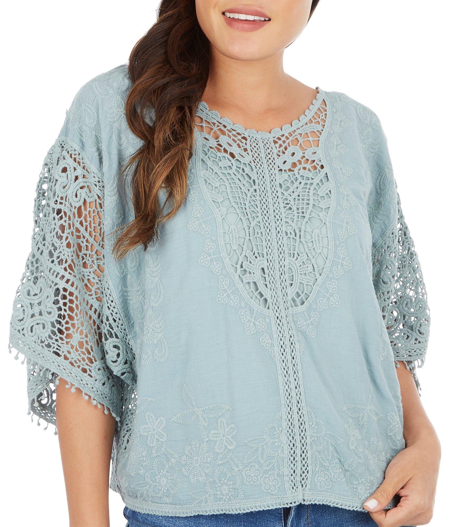 Democracy Womens Solid Crochet Embellished Flare Sleeve Top