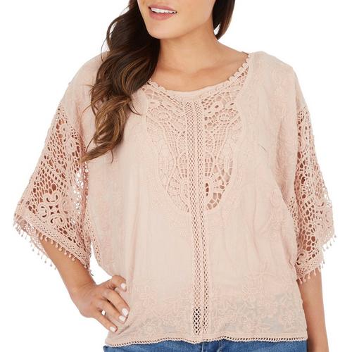 Democracy Womens Solid Crochet Embellished Flare Sleeve Top