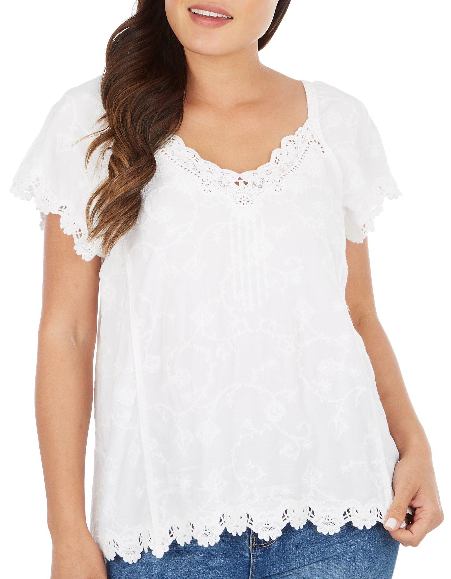 Womens Flutter Sleeve Embellished Crochet Top