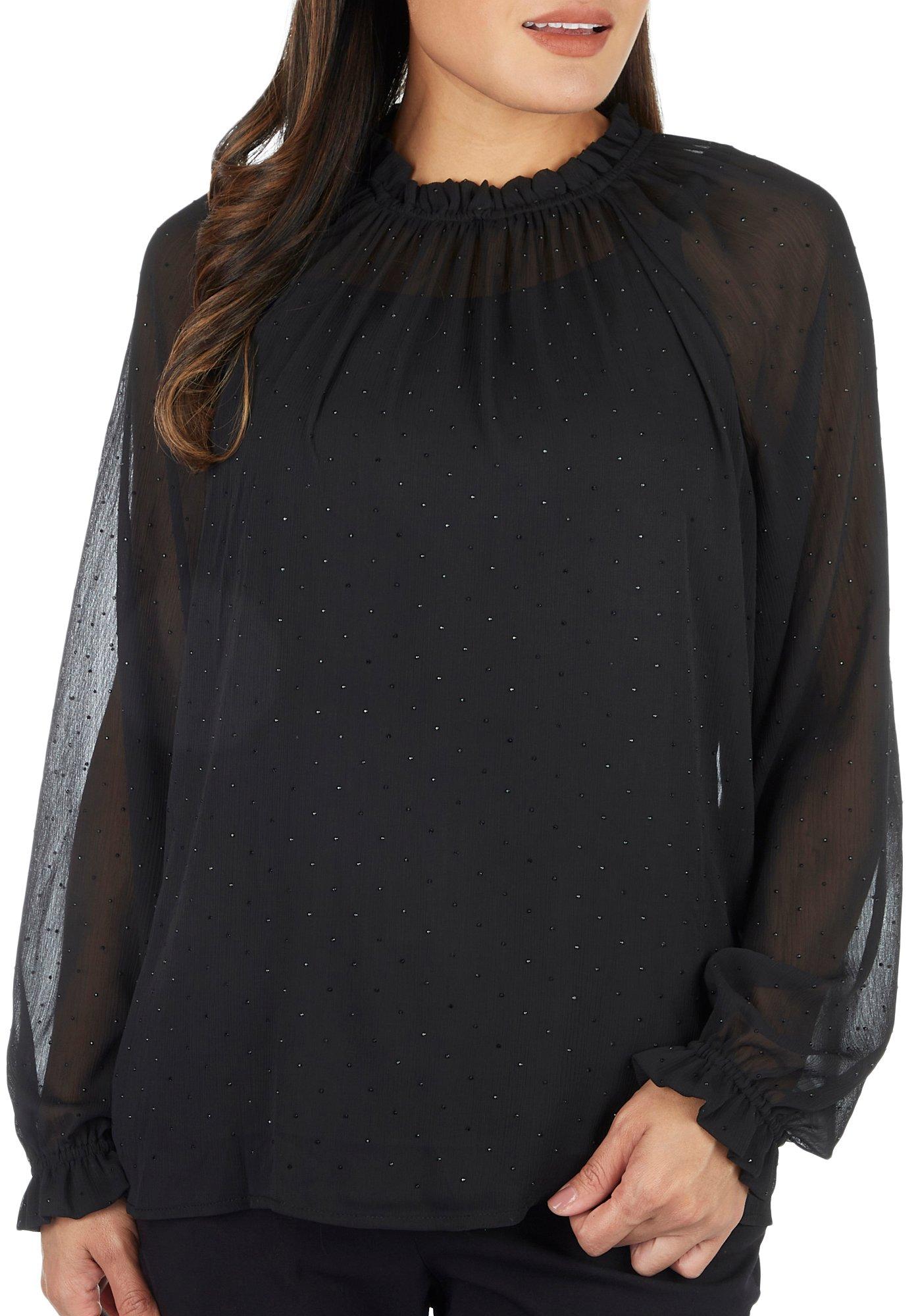 Womens Smocked Sheer Flounce Sleeve Woven Top
