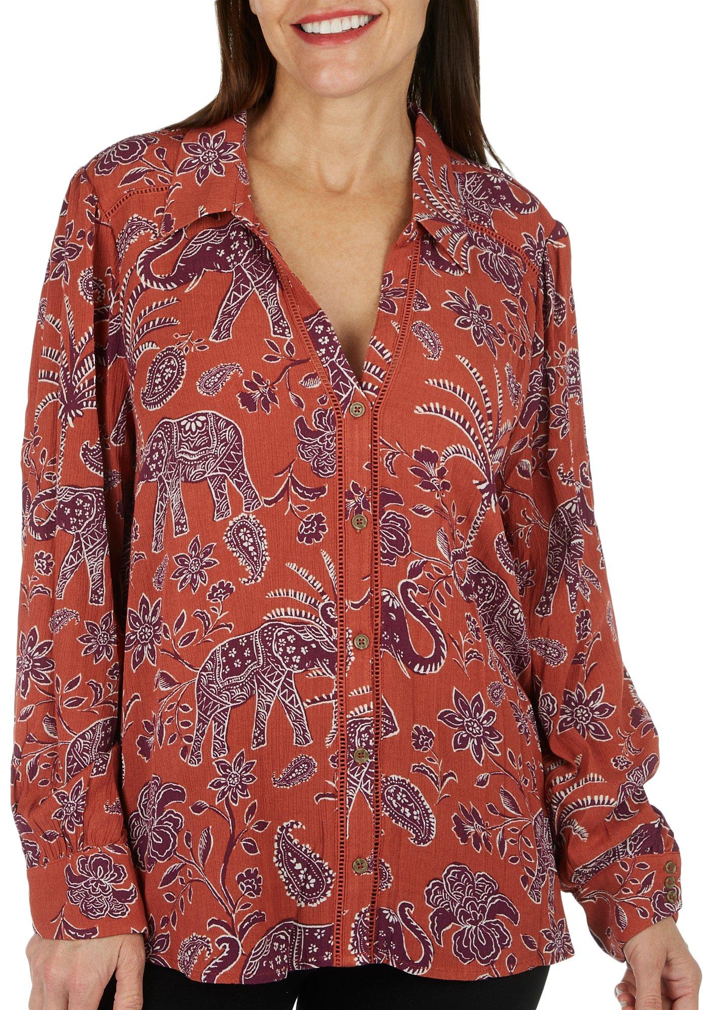 Womens Long Sleeve Button Down Elephant Floral Print Top