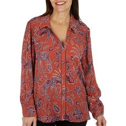 Womens Long Sleeve Button Down Elephant Floral Print Top