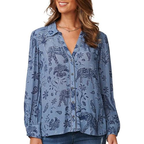 Womens Button Down Elephant Floral Print Long Sleeve