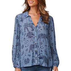 Womens Button Down Elephant Floral Print Long Sleeve Top