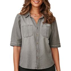 Democracy Womens Solid Button Down Puff 3/4 Sleeve Top