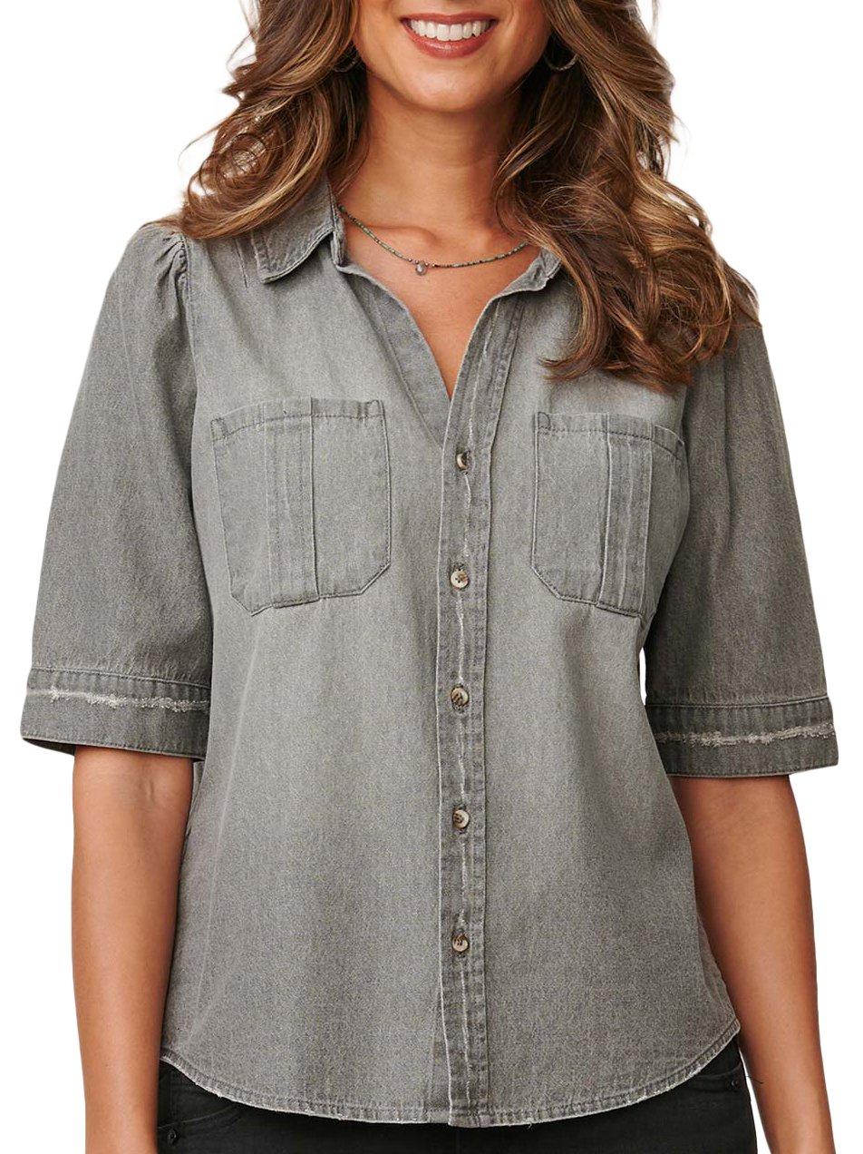 Womens Solid Button Down Puff 3/4 Sleeve Top
