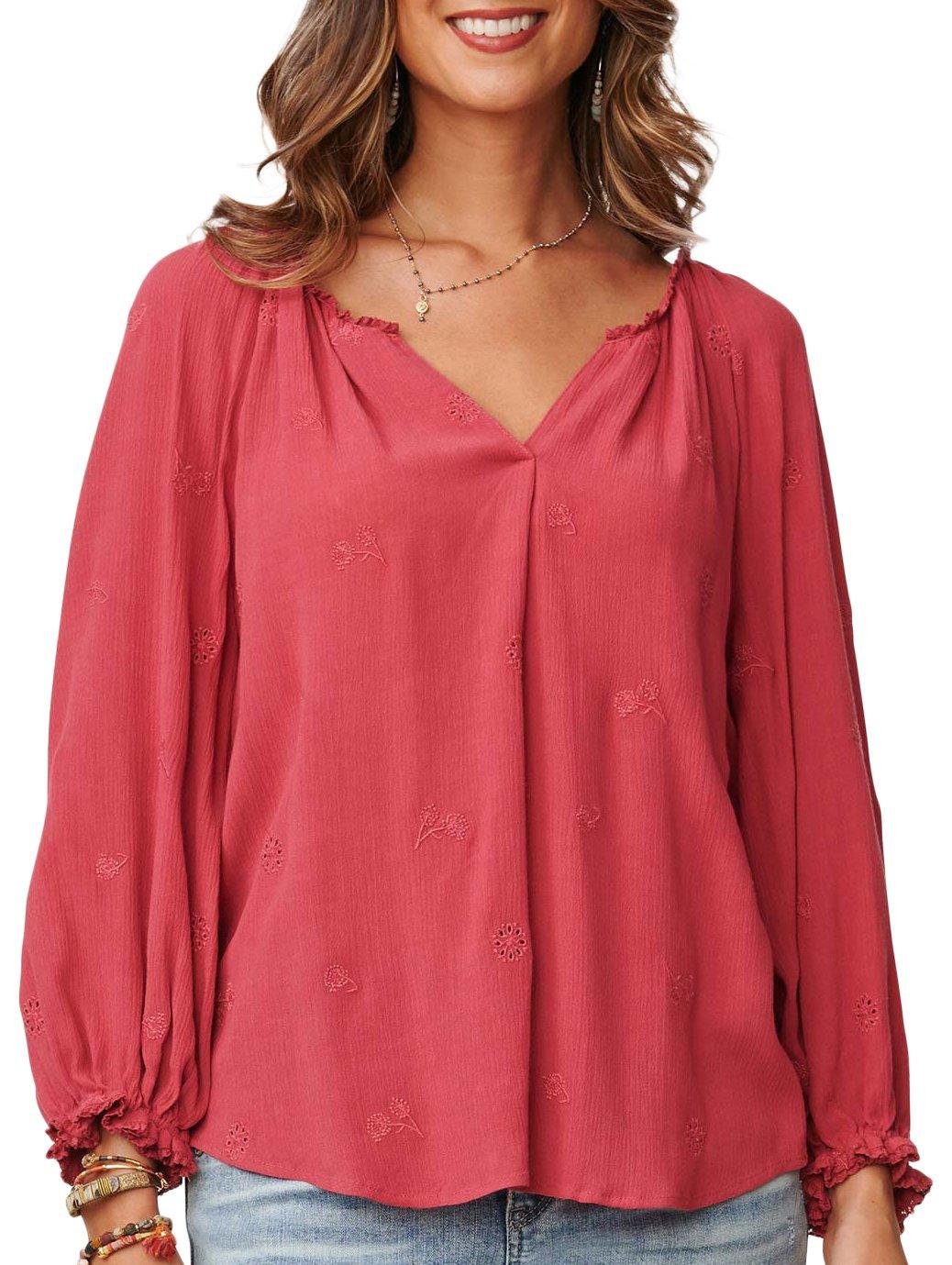 Womens Solid Embroidered Long Sleeve Top