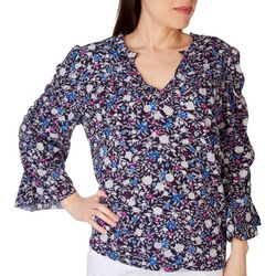 Democracy Womens Floral V Neck Puff Long Sleeve Top