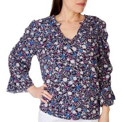 Womens Floral V Neck Puff Long Sleeve Top