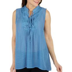 Womens Solid Lace Tie Split Neck Sleeveless Top