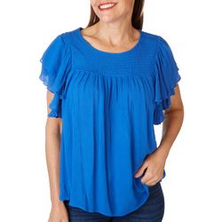 Womens Solid Smocked Flutter Sleeve Top