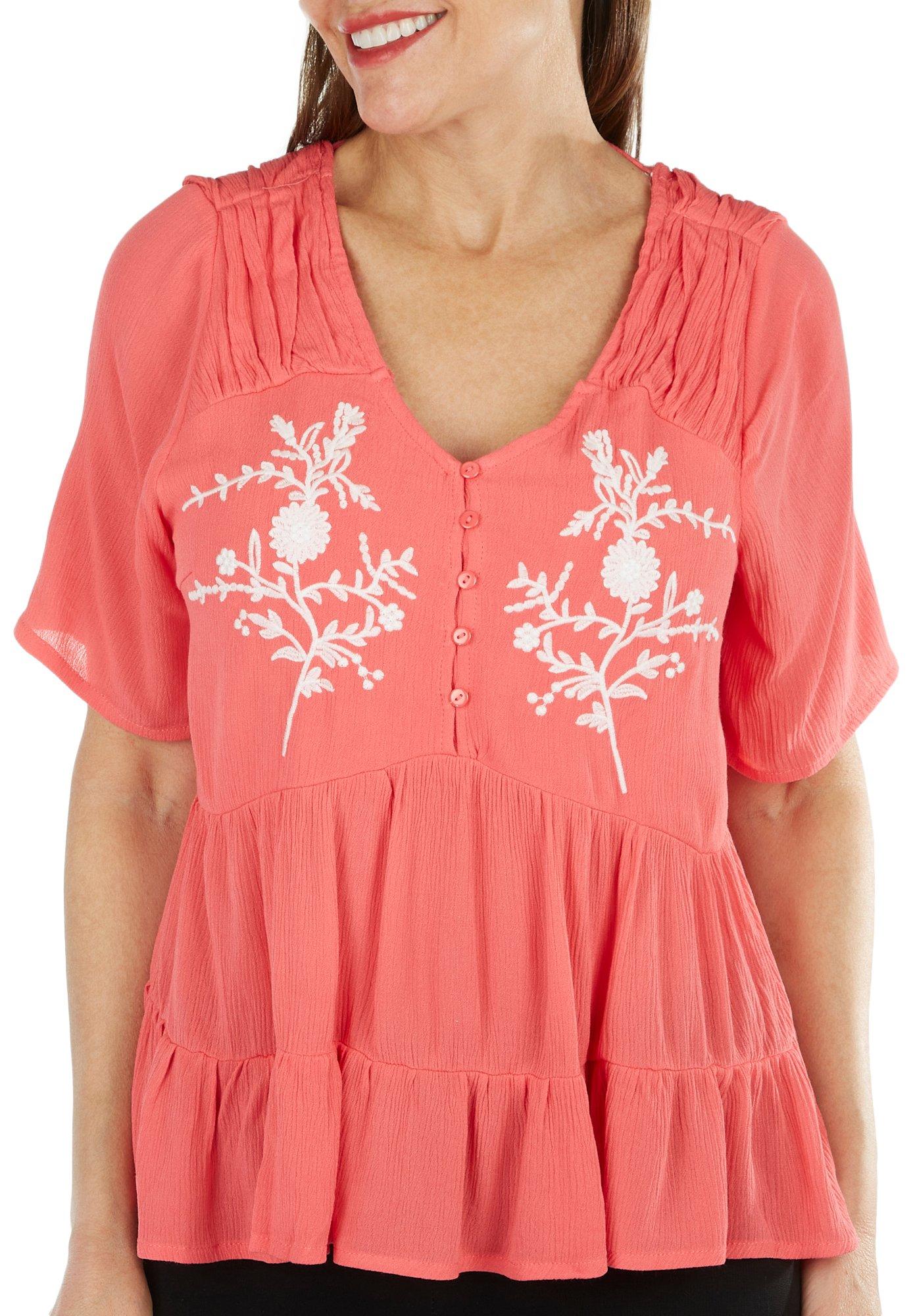 Womens Embroidered Tiered Button Short Sleeve Top