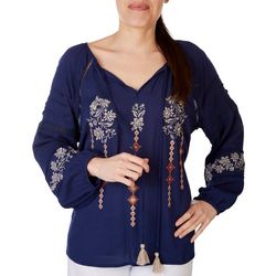 Womens Solid Embroidered Split Neck Tassel Long Sleeve Top