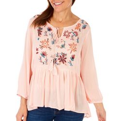 Forgotten Grace Womens Embroidered Keyhole 3/4 Sleeve Top