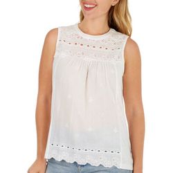 Liv Womens Solid Eyelet Lace Sleeveless Top