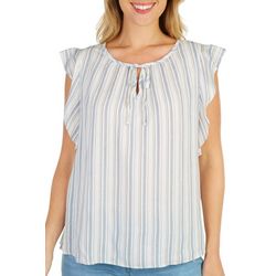 Como Vintage Womens Tie Front Ruffle Sleeve Striped Top
