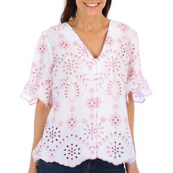 Womens Contrast Eyelet Button Down Short Sleeve Top