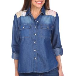 Womens Long Sleeve Button Down Patch Top