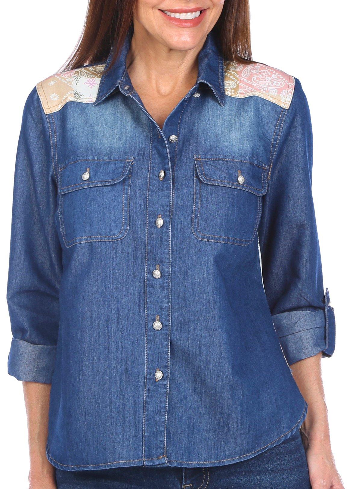 Womens Long Sleeve Button Down Patch Top