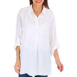 Max Studio Womens Solid Button Placket 3/4 Sleeve Woven Top