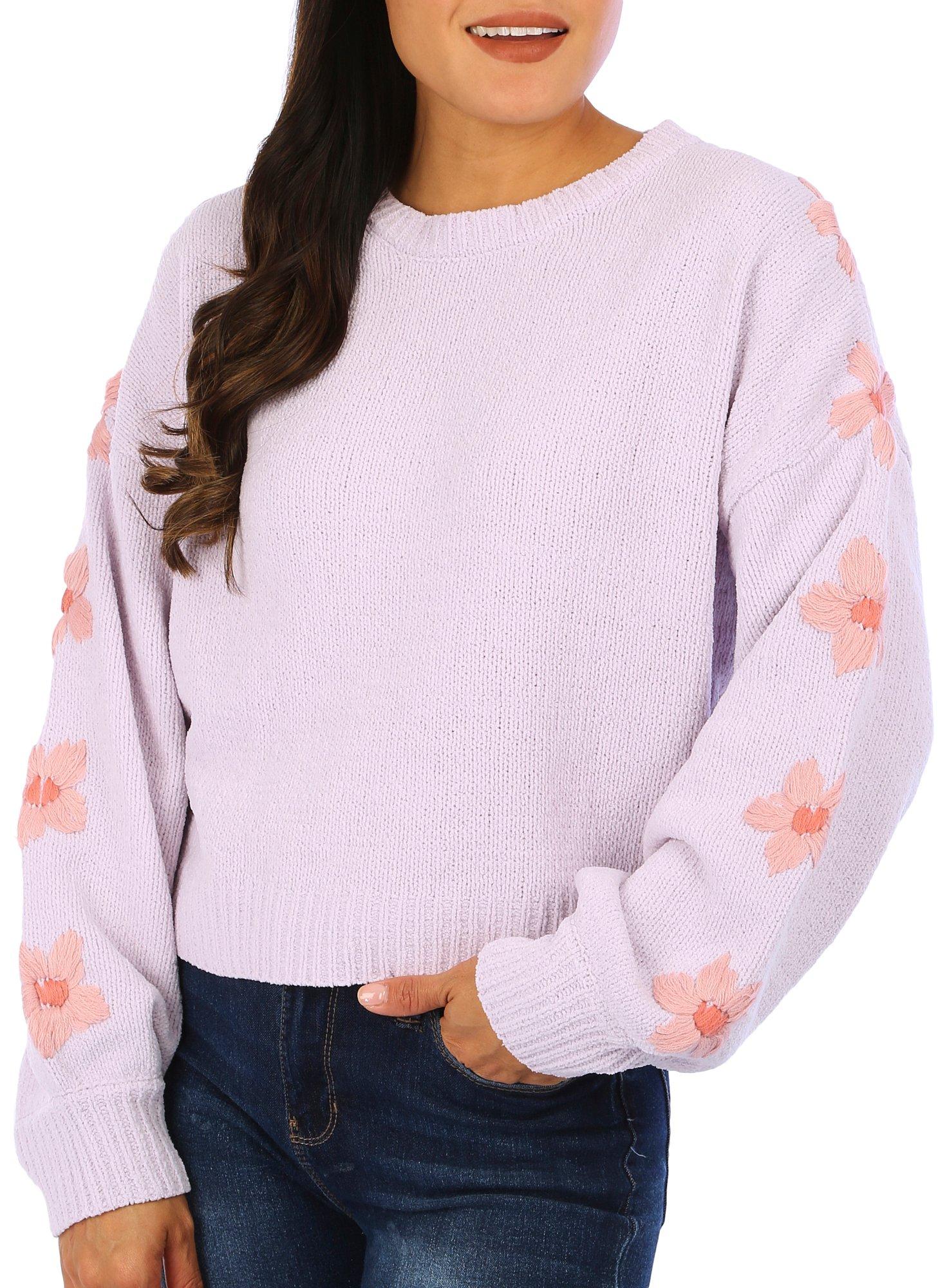 Womens Embroidered Crew Neck Long Sleeve Sweater