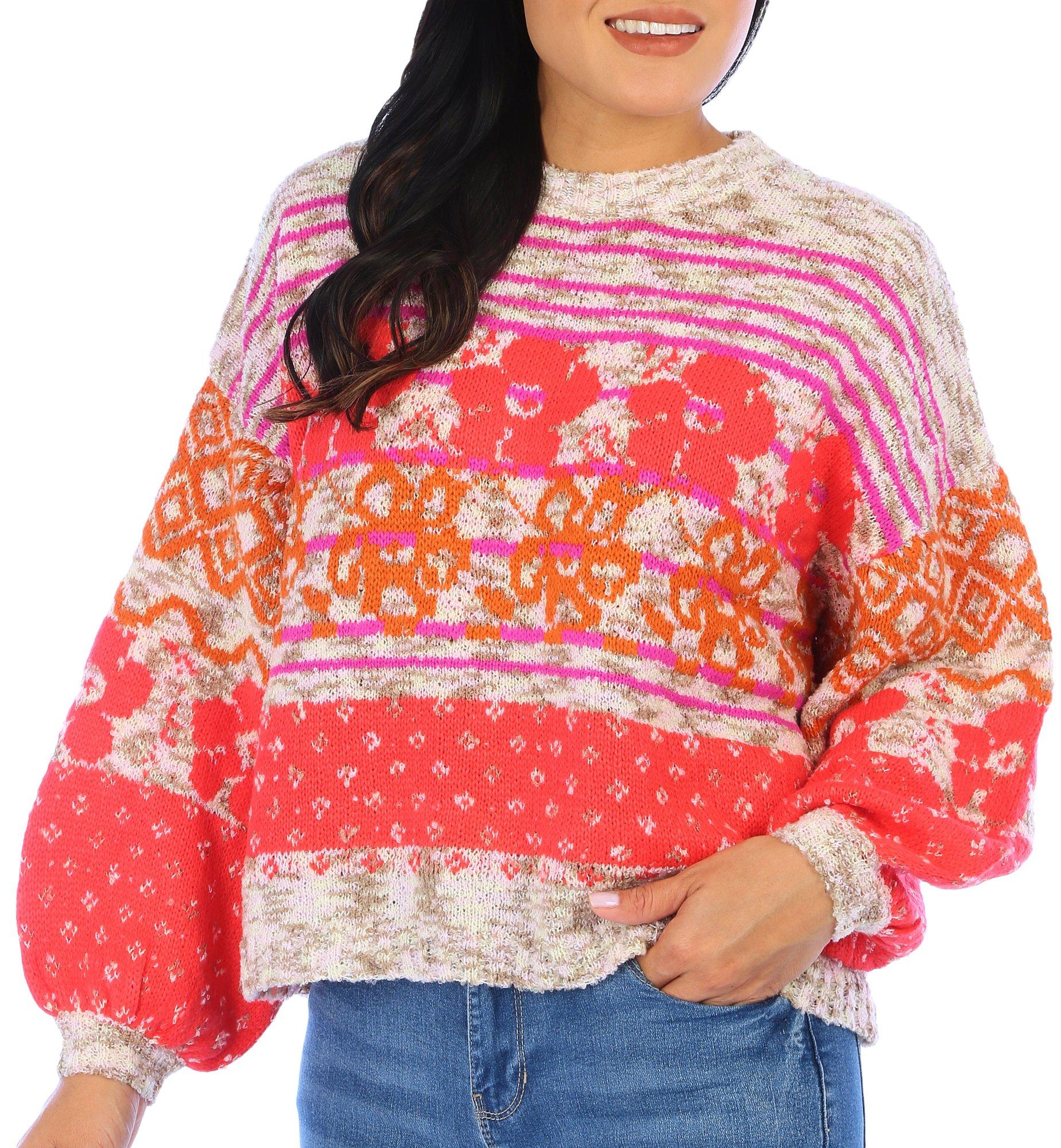 Womens Floral Crew Neck Long Sleeve Sweater