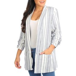 Blue Sol Womens 3/4 Ruched Sleeve Stripes Crepe Blazer