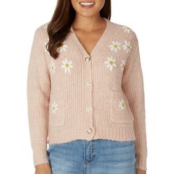 Cliche Womens Embroidered Daisy Button Down Pocket Cardigan