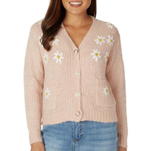 Cliche Womens Embroidered Daisy Button Down Pocket Cardigan